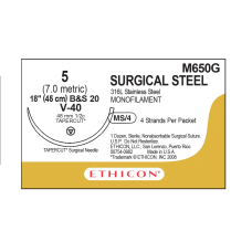 Хирургическая проволока Ethicon (Surgical Steel) 5, 4шт по 45 см, кол-реж. игла 48 мм, M650G