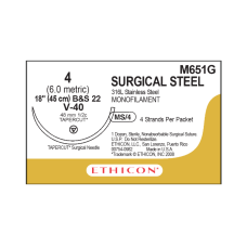 Хирургическая проволока Ethicon (Surgical Steel) 4, 4шт по 45 см, кол-реж. игла 48 мм, M651G