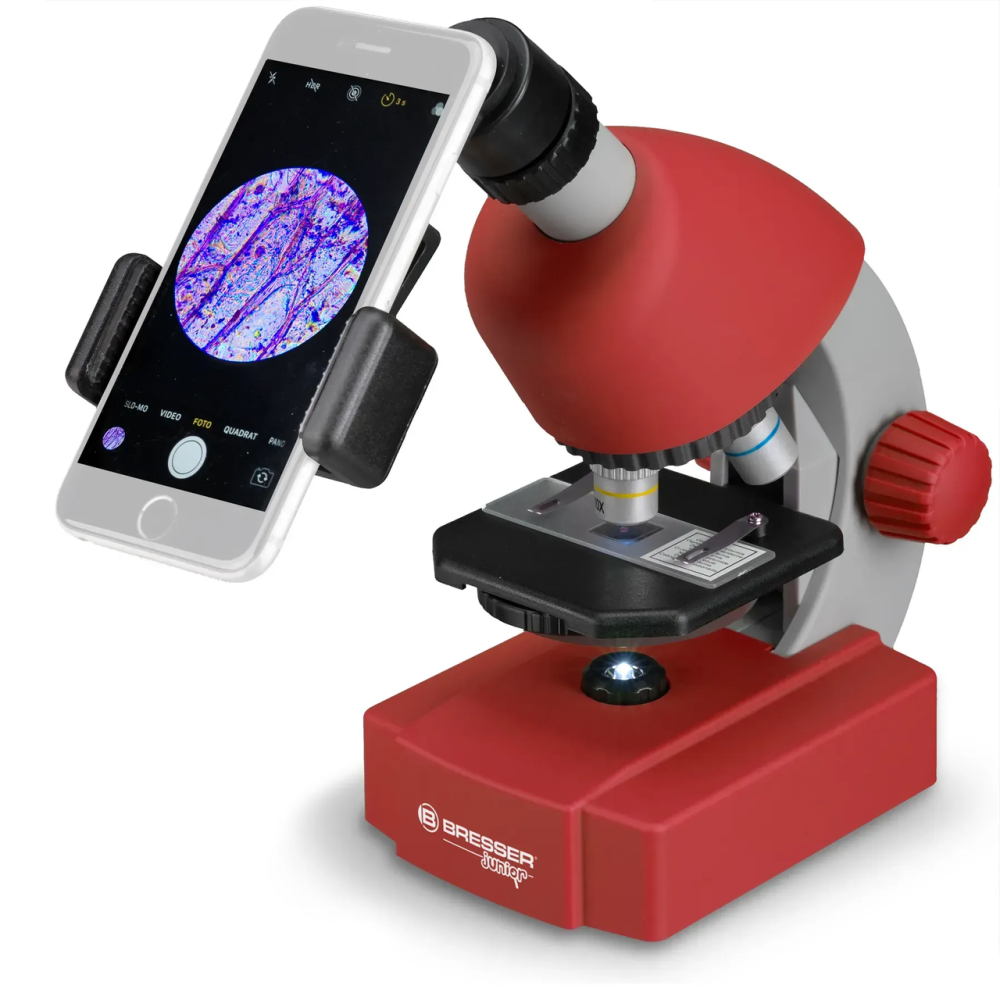 Микроскоп Bresser Junior 40x-640x Red с набором для опытов и адаптером для смартфона (8851300E8G000)