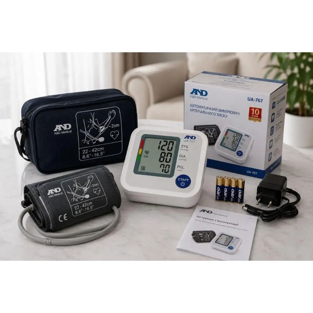 Тонометр автоматичний AFib+ з адаптером мережі та манжетою на плече 22-42 см AND UA-767 S-W