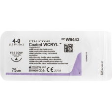 Хірургічна нитка Ethicon Вікріл (Vicryl) 4/0, довжина 75 см, ріж. голка 16 мм, W9443
