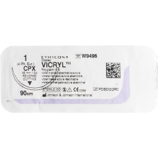 Хірургічна нитка Ethicon Вікріл (Vicryl) 1, довжина 90 см, звор-ріж. голка 48 мм, W9496