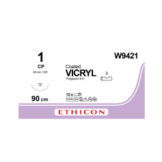 Хирургическая нить Ethicon Викрил (Vicryl) 1, длина 90 см, обр-реж. игла 40 мм, W9421