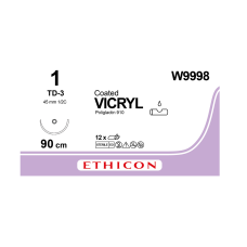 Хірургічна нитка Ethicon Вікріл (Vicryl) 1, довжина 90 см, кол. тупокінцева голка 45 мм, W9998