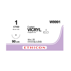 Хірургічна нитка Ethicon Вікріл (Vicryl) 1, довжина 90 см, колюча тупокінцева голка 48 мм, W9991