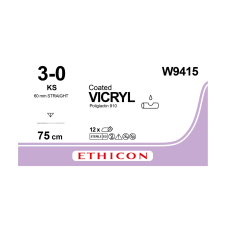 Хірургічна нитка Ethicon Вікріл (Vicryl) 3/0, довжина 75 см, ріж. голка 60 мм, W9415