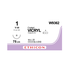 Хірургічна нитка Ethicon Вікріл (Vicryl) 1, довжина 75 см, кол-ріж. голка 31 мм, W9362