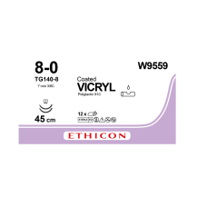 Хірургічна нитка Ethicon Вікріл (Vicryl) 8/0, довжина 45 см, 2 шпательні голки 6,5 мм, W9559