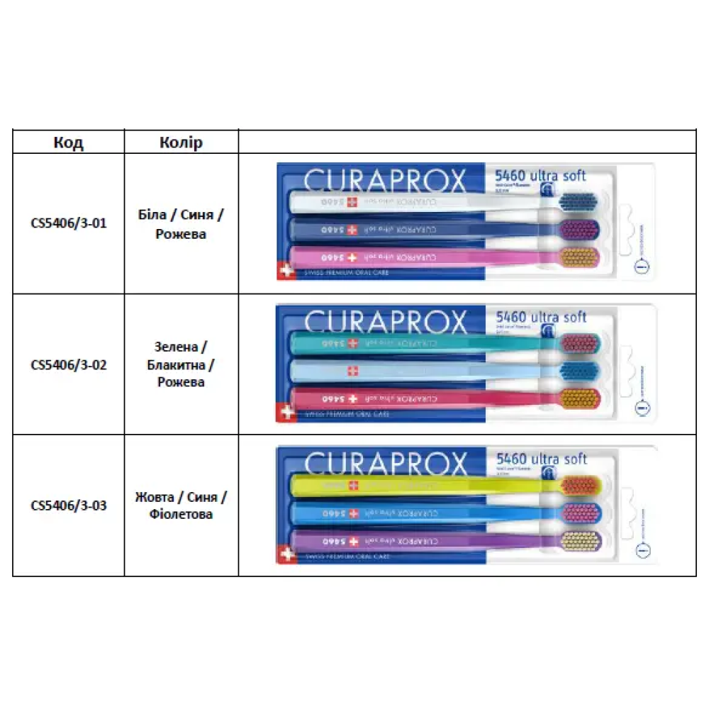 Набір зубних щіток, м'які (3 шт.) Curaprox CS 5460/3 Ultra Soft, d 0,10 мм (Кольори в асортименті)
