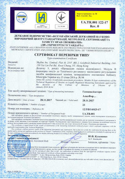 Сертифікат перевірки типу. Алкотестери АлкоФор